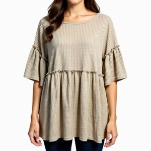 Entro Tan Waffle Knit Peplum Top Womens Size XL